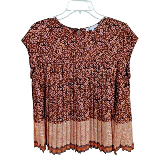 DR2 Blouse Womens Medium Brown Orange Cottagecore Pleated Paisley Short Sleeve - Picture 1 of 6